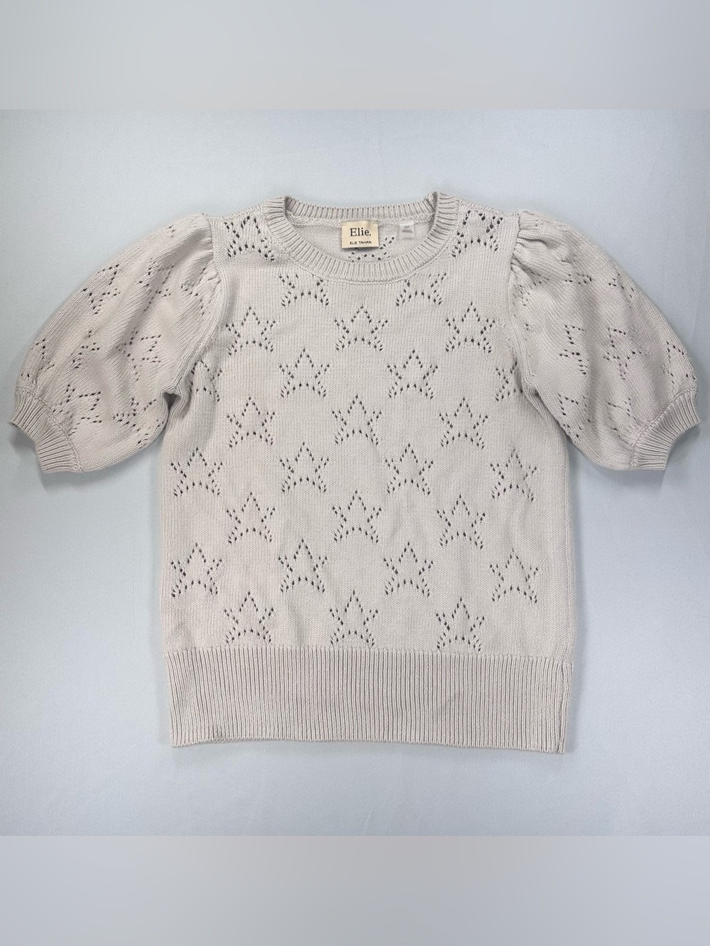 Elie Tahari Cream Pointelle Puff-Sleeve Crewneck Sweater